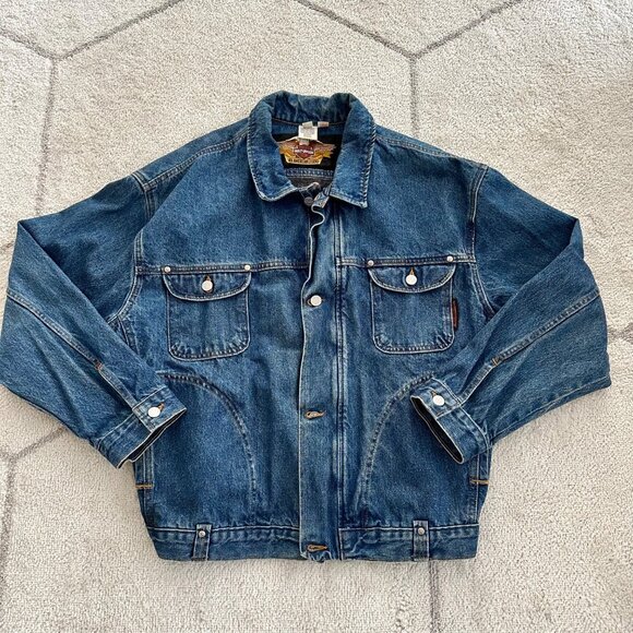 Vintage Harley-Davidson Bomber-Style Embossed Denim Motorcycle Jacket Sz XL